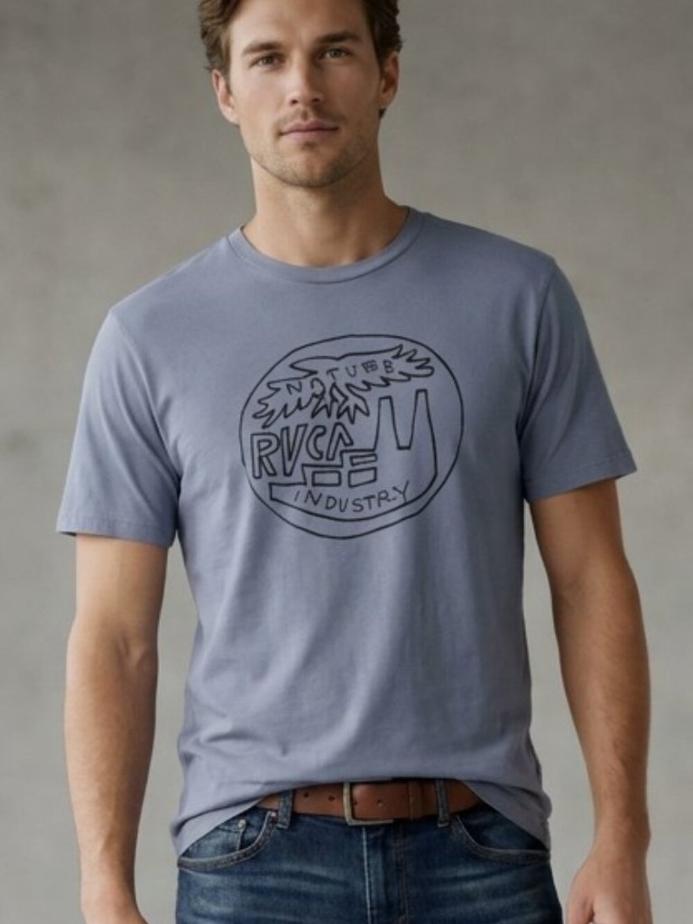 RVCA Nature Vs Industry Embroidered Logo Tee Blue Gray Size M